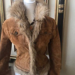 Bebe suede western jacket with faux fur trim